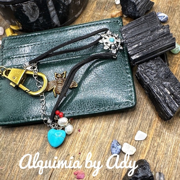 Turquoise coral pearls suede bag charms key card holder keychain - Picture 1 of 11